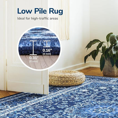Lessymo Area Rugs 9x12 Living Room- Large Area Rug Machine Washable Area Rug for Bedroom Living Room, Vintage Rugs Boho Floral Medallion, Non-Slip Rubber, Low Pile, Kid & Pet Friendly, Blue White