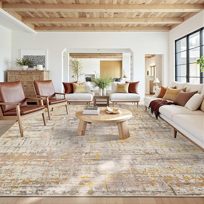 Rugxara 10x14 Extra Large Washable Area Rug, Soft Abstract Vintage Rug for Living Room, Bedroom, Office, Farmhouse, Low Pile Imitation Wool Non Slip Carpet Ideal for High-Traffic Areas, Beige Gold