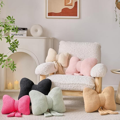 Bow Pillow, Decorative Throw Pillows with Soft Plush, Bow Throw Pillow for Couch Bed, Home Decor Bow Shaped Pillow for Bedroom Living Room (Black, 16 Inches)
