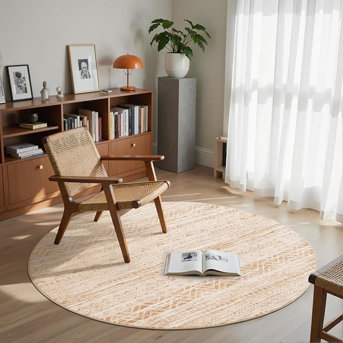 Miukiki Round Rugs 6ft for Living Room Moroccan Washable Circle Rug Non Slip Indoor Floor Carpet Foldable Area Rug for Dining Room with Low Pile(Beige,6'x6')