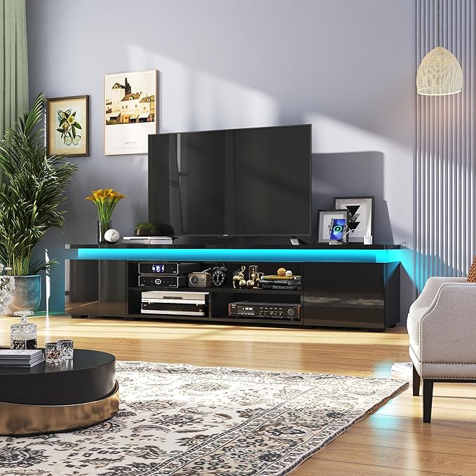Hlivelood LED TV Stand for 95 Inch TV, Modern TV Stand with Power Outlet, High Gloss TV Console Entertainment Center with Storage and LED Lights for Living Room, Bedroom (83 Inch, Black)