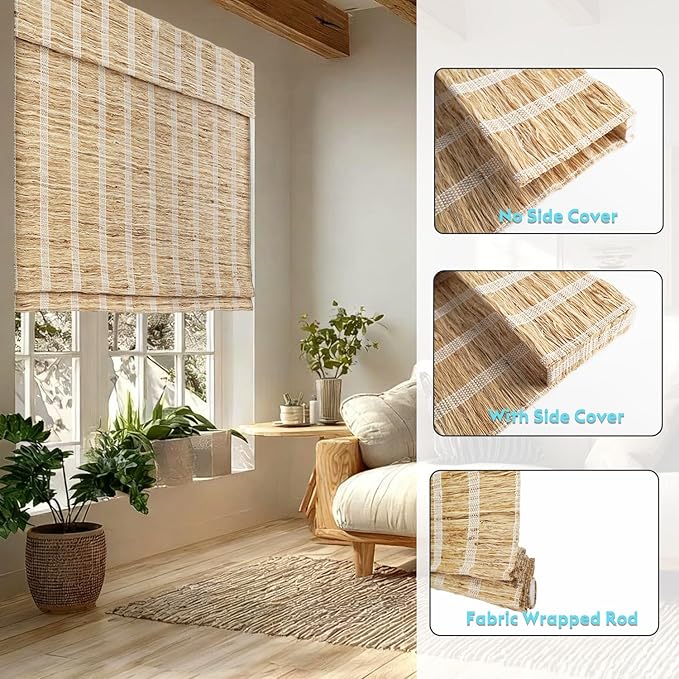 Motorized Bamboo Roman Shades, Motorized Blinds with Remote Compatible with Homekit, Alexa GoogleHome, Smart Wood Woven Shades for Indoor Windows, Customize, Shoreline Drift