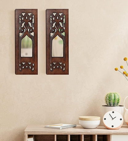 The Wooden Town Wall Hanging Plaques Wall Décor Jharokha With Mirror, Elegant Sculpture Wall Décor Panel to Enhance the Décor of Your Room or Office - 12x4 Inch - Burnt Set of 2