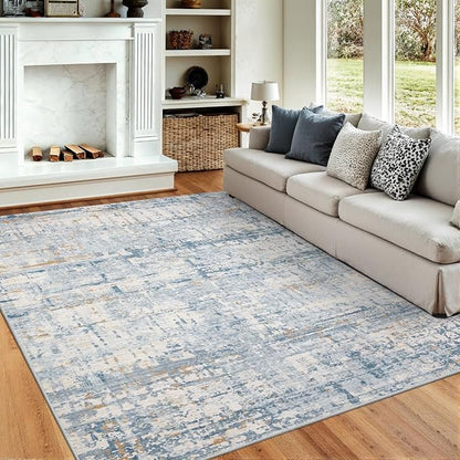 Rugxara Blue 8x10 Area Rugs,Large Soft Rugs for Living Room, Blue Washable Rug, Modern Abstract Rugs for Bedroom Dining Room, Non-Slip Foldable Thin Indoor Carpet Stain Resistant(Blue Beige)