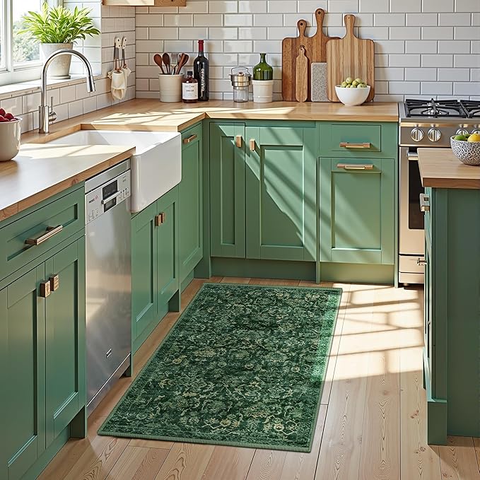 Dark Green 2x4 Runner Rug for Hallways Bed Side Kitchen, Boho Washable Distressed Low-Pile Floor Entryway Long Bathroom Mat, Non-Slip Laundry Room Washstand Front Carpet Green 24x48 Inch