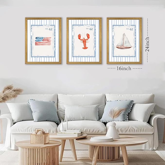 Wood Framed Blue Beach Stamp Set of 3 Canvas Poster Coastal Granddaughter Room Wall Art Decor Vintage Preppy Aesthetic Prints Artwork for Girly Dorm Apartment Ocean Home Decoration 16x24 Inch