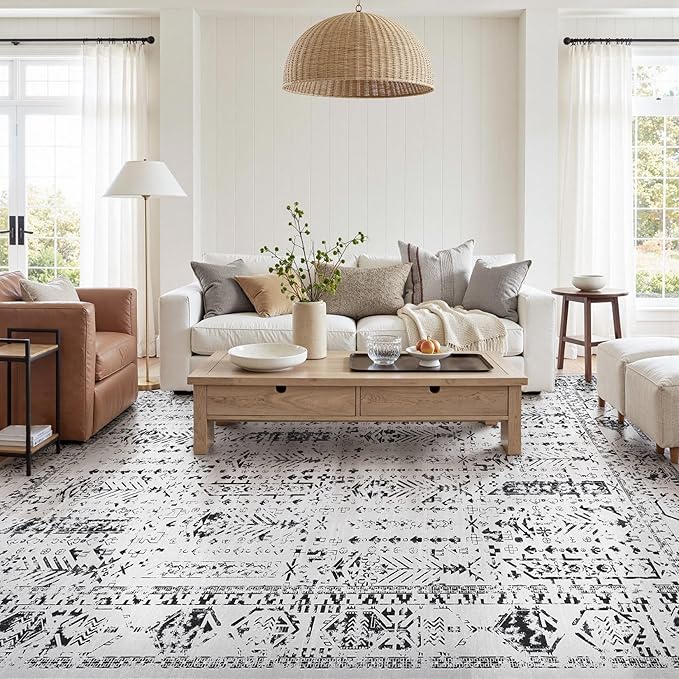 Area Rug for Living Room - 7x9 Soft Washable Oriental Vintage Floral Distressed Large Carpet - Fade Stain Resistant Non Slip Rugs for Bedroom Dining Room Nursery Dorm Office Home Decor - White Black
