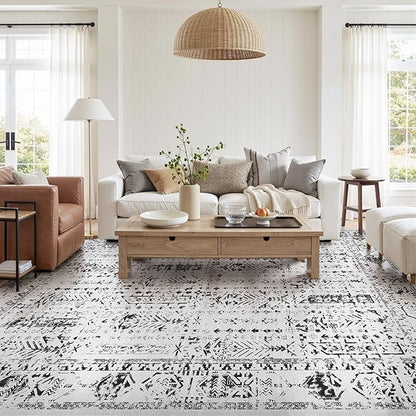 Area Rug for Living Room - 7x9 Soft Washable Oriental Vintage Floral Distressed Large Carpet - Fade Stain Resistant Non Slip Rugs for Bedroom Dining Room Nursery Dorm Office Home Decor - White Black