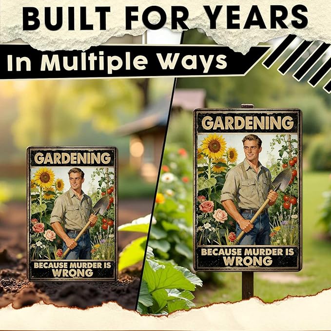 Gardening Because Murder Is Wrong Tin Sign Metal Sign Rustic Garden Decor Outdoor Yard Sign for Gardeners Unique Gifts 8x12Inch