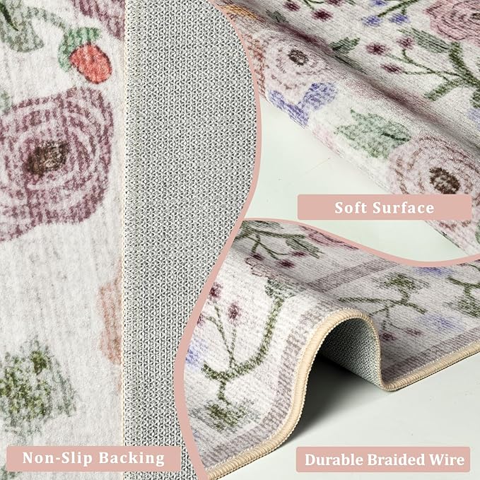Maxsoft Small 2x3 Rugs for Entryway, Washable Floral Area Rugs for Entrance, Low Pile Thin and Non-Slip Throw Carpet for Kitchen Floor, Front Door Indoor Door Mat, Bathroom, Bedroom Bedside, Pink