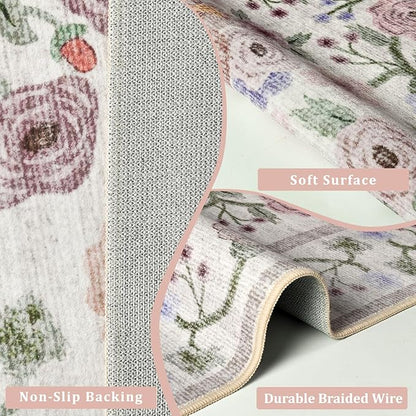 Maxsoft Small 2x3 Rugs for Entryway, Washable Floral Area Rugs for Entrance, Low Pile Thin and Non-Slip Throw Carpet for Kitchen Floor, Front Door Indoor Door Mat, Bathroom, Bedroom Bedside, Pink