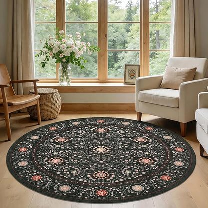 GarveeHome Boho Round Rug 4ft for Bedroom Non Slip, Vintage Botanical Circle Rugs Washable Area Rug for Kitchen Stain Resistant, Low Pile Soft Black Circular Carpet for Nursery Entryway