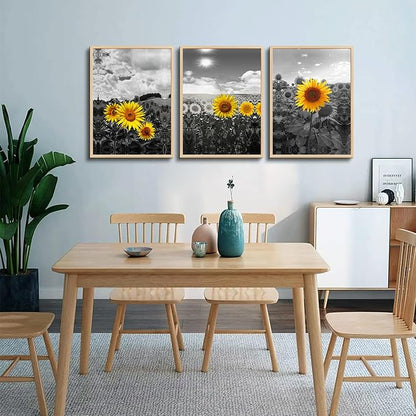 hyidecorart Natural Framed Wall Art - Large Sunflower Flowers Black And White Wall Pictures - Set of 3 Piece Prints - For Living Room, Kitchen, Bedroom
