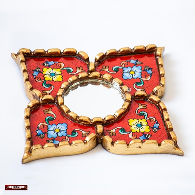 Handmade Peruvian Mirror - Reverse Painted Glass Mirror - Square or Diamond Shaped Wall Mirror with Bronze Leaf - Small Mirrors for Gallery Wall (Red)