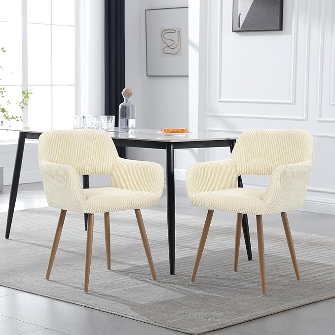 KCC Small Modern Dining Room Arm Chairs Set of 2, Mid-Century Upholstered Corduroy Fabric Side Seat Club Guest with Metal Tube Legs for Kitchen, Living Room, Beige