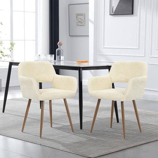 KCC Small Modern Dining Room Arm Chairs Set of 2, Mid-Century Upholstered Corduroy Fabric Side Seat Club Guest with Metal Tube Legs for Kitchen, Living Room, Beige