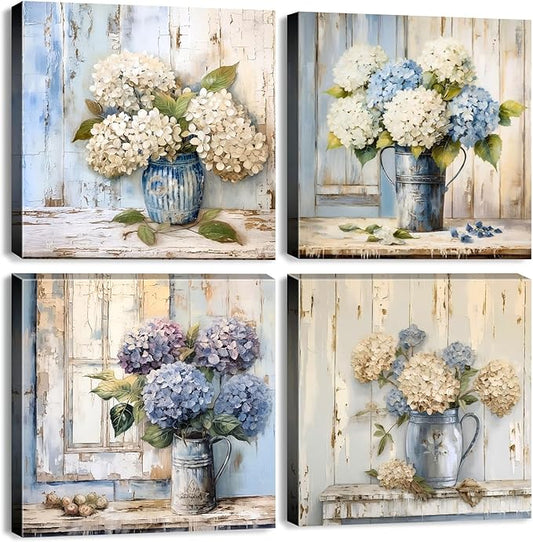 Blue Hydrangea Wall Art Vintage Farmhouse Flowers Pictures Bathroom Wall Decor Blossom Floral Painting Abstract Nature Botanical Posters Artwork for Living Room Kitchen Home Decoration 12x12” 4Pcs