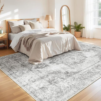 Area Rug 8x10 Vintage Rugs: Large Washable Indoor Medallion Rug Low Pile Distressed Floor Carpet Retro Accent Rugs for Living Room Bedroom Kitchen Dining Table Home Office(Grey, 8'x10')