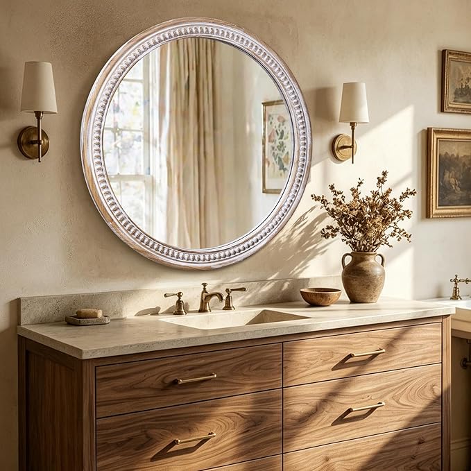 HOITUZYUS 36 Inch Round Wall Mirror for Bathroom Over Sink, Rustic Farmhouse Wooden Framed Circle Vanity Mirrors for Wall Decor, Bedroom, Entryway, Living Room