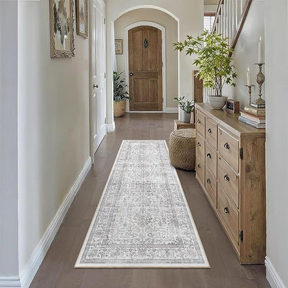 2x6 Gray Runner Rug Hallway Non Slip Washable Area Rugs Kitchen Soft Vintage Boho Long Rug Distressed Floral Carpet Indoor Low Pile Throw Rug for Bedroom Bathroom Laundry Dining Room Office