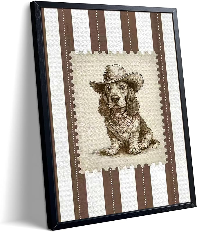 Vintage Cowboy Dog Wall Art, Western Basset Hound Canvas Print, Farm Rustic Country Animal Wall Decor, Southwestern Poster Oil Painting for Living Room Bedroom Nursery Office 12x16 Inch Framed