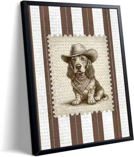 Vintage Cowboy Dog Wall Art, Western Basset Hound Canvas Print, Farm Rustic Country Animal Wall Decor, Southwestern Poster Oil Painting for Living Room Bedroom Nursery Office 8x10 Inch Framed