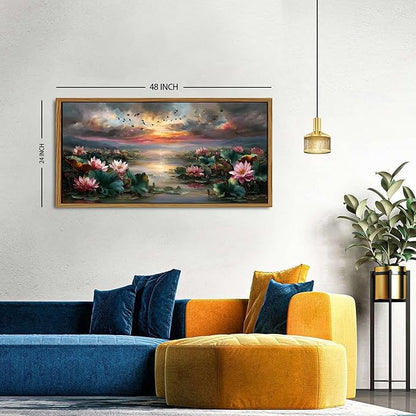 Framed Lotus Flower Decor Zen Wall Art Vintage Pink Floral Pictures Rustic Blooming Botanical Canvas Prints Farmhouse Wildflower Painting Dusk Artwork for Bedroom Living Room Home Decoration 24x48