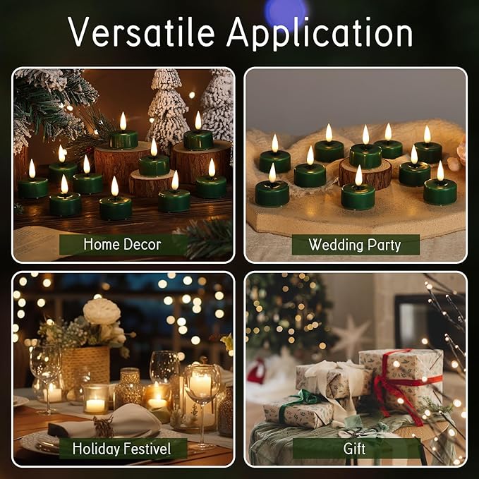 Eywamage Green Flameless Wax Tealights with Remote Batteries, Flickering LED Tea Votive Candles Set of 10