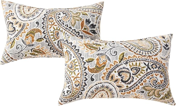 Set of 2 Outdoor Throw Pillows 19 x 12 Inch – Reversible Rectangle Patio Accent Pillows – Weather-Resistant Polyester Fabric – Eco-Friendly Recycled Polyfiber Fill – Arctic Paisley