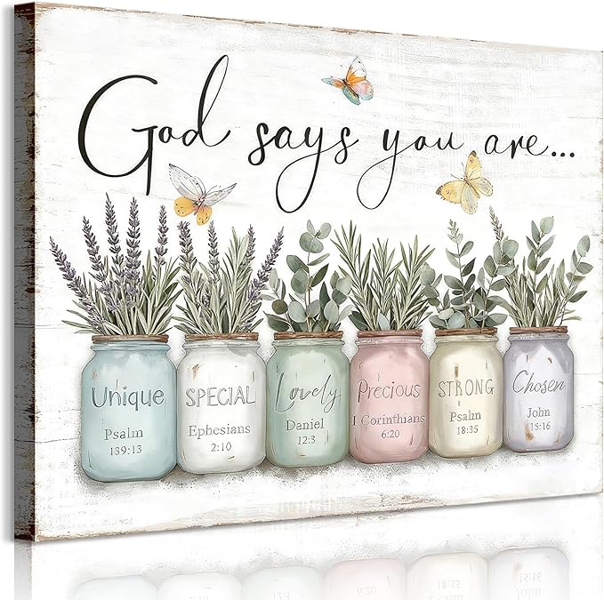 Inspirational Bible Verse Wall Art God Says You Are Sayings Wall Decort Christian Gift Quotes Painting scripture Pictures Print Flowers in Mason Jar Poster for Women Girls Bedroom(24x16 Canvas)