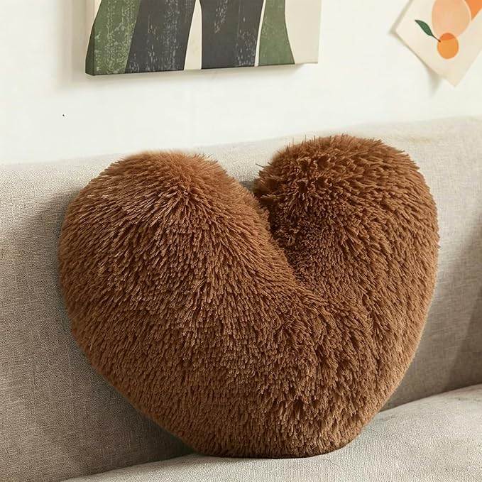 MorroMorn Fluffy Heart Throw Pillows, Shaggy Decorative Pillow for Sofa Couch Bed, Cute Room Decor Decorations for Women Girls Kids (Brown)