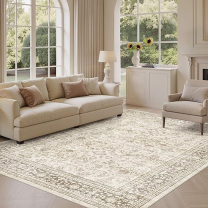 Area Rug 7x9 Washable Vintage - Soft Traditional Rugs for Living Room Large Non Slip Backing with Low Pile Farmhouse Oriental Retro Carpet for Bedroom Dining Room or Home Office - Yellowish Brown