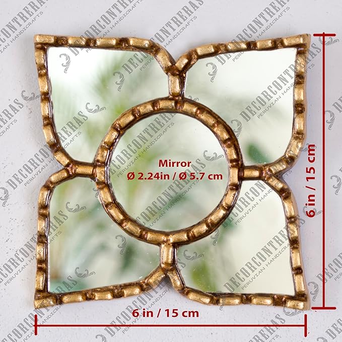 Small Gold Peruvian Mirror Bronze Leaf Frame Handmade Wall Decor 6" Square - 8.3" Diamond - Gift Mothers Day (Gold)