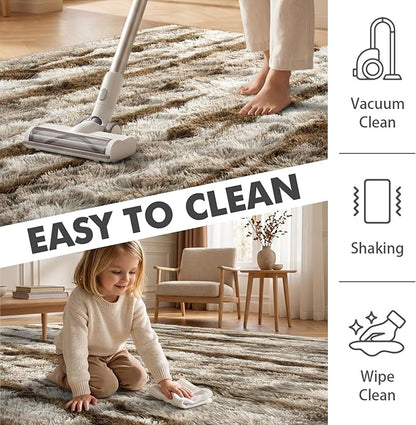 4x6 Ft Shag Area Rug for Bedroom Living Room, Tie-Dyed Ultra Soft Fluffy Furry Rugs for Indoor Floor, Aesthetic Carpet for Kids Home Decor (Khaki)