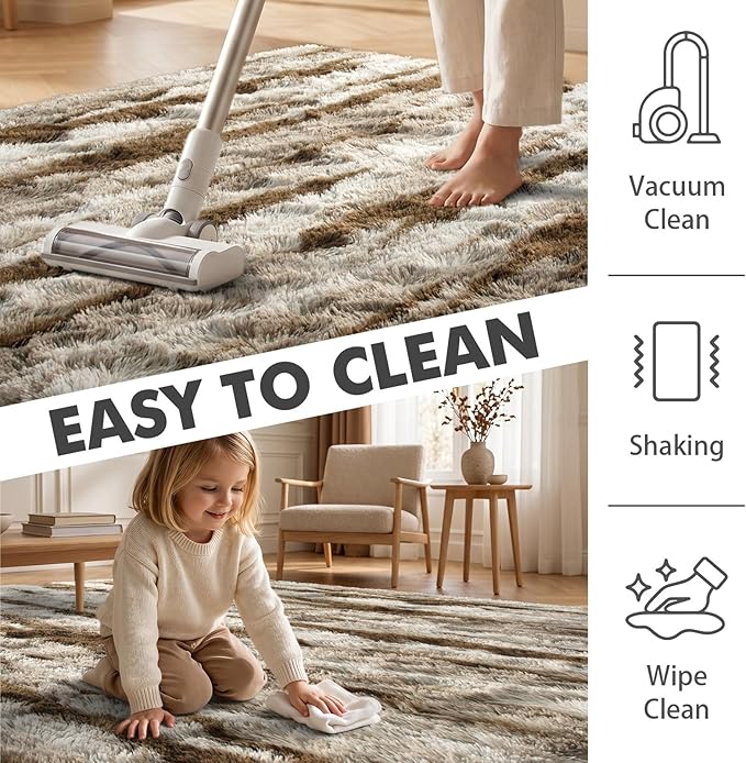 7x10 Ft Extra Large Shag Rugs for Living Room, Tie Dyed Ultra Soft Fluffy Furry Area Rugs for Bedroom Indoor Floor, Aesthetic Carpet for Kids Home Decor (Khaki)