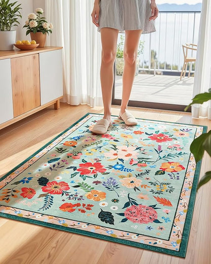 Macgace 3x5 Floral Rug for Girls Bedroom, Machine Washable Area Rugs with Non Slip Backingfor Living Room, Cute Flowers Carpet Kitchen Dining Room Kids Playroom Decor, Light Green