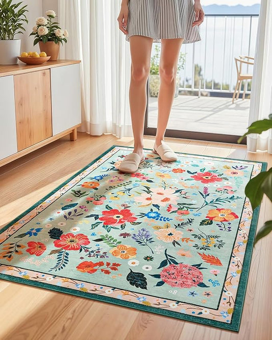 Macgace 3x5 Floral Rug for Girls Bedroom, Machine Washable Area Rugs with Non Slip Backingfor Living Room, Cute Flowers Carpet Kitchen Dining Room Kids Playroom Decor, Light Green