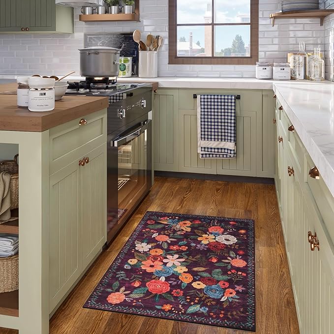 Floral Rug for Entryway, 2x3 Washable Kitchen Mat Ultra-Thin Soft, Non-Slip Indoor Door Carpet Stain Resistant Boho Small Low-Pile Throw for Bathroom Bedroom, Purple
