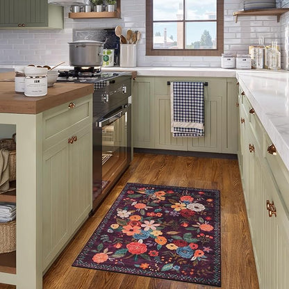 Floral Rug for Entryway, 2x3 Washable Kitchen Mat Ultra-Thin Soft, Non-Slip Indoor Door Carpet Stain Resistant Boho Small Low-Pile Throw for Bathroom Bedroom, Purple