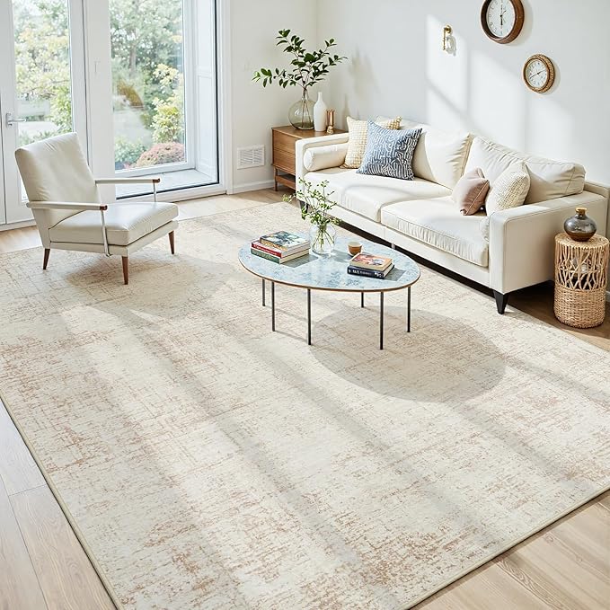 6x9 Area Rugs for Living Room Washable Rug: Anti-Skid Abstract Modern Living Room Rug Soft Thin Carpets Indoor Floor Non-Shedding Carpet for Bedroom Dining Farmhouse Nursery Home Office Beige White