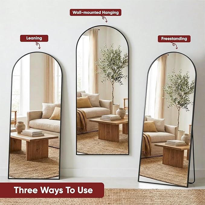 Antok Full Length Floor Mirror Arched Standing Mirror with Aluminum Frame - Freestanding Wall Mount Leaning Body Mirror for Bedroom Living Room Entryway, 71" L x 32" W, Black