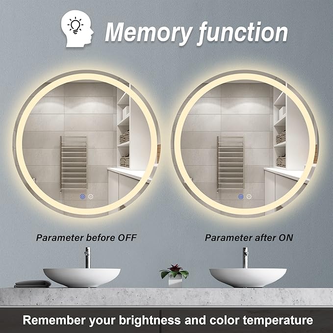 24" LED Bathroom Mirror Round Vanity Mirror, Anti-Fog, Dimmable, 3 Color Temperature, Memory Function Led Wall Mirror for Bathroom, Vanity, Shaving (Vertical/Horizontal)