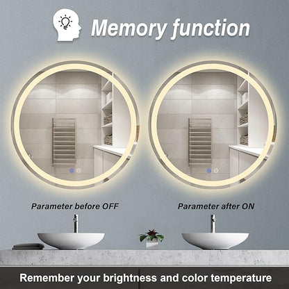 24" LED Bathroom Mirror Round Vanity Mirror, Anti-Fog, Dimmable, 3 Color Temperature, Memory Function Led Wall Mirror for Bathroom, Vanity, Shaving (Vertical/Horizontal)