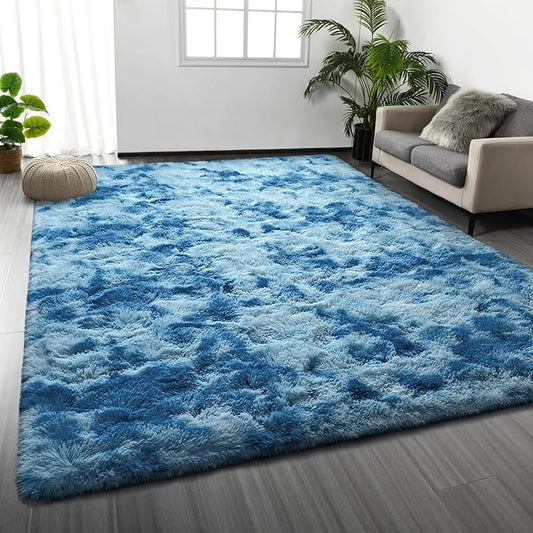 Deerhoo Shag Area Rug, 4 X 6 Tie-Dyed Plush Fuzzy Rugs for Living Room, Ultra Soft Fluffy Furry Rug for Bedroom, Indoor Carpet Nursery Rugs for Kids Room Home Decor, Bright Blue
