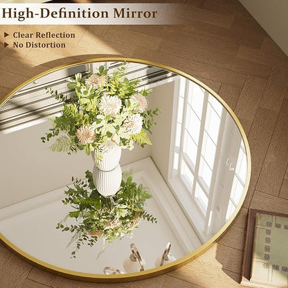 XRAMFY 42 Inch Round Gold Metal Wall Mirror - Stylish Circle Mirror for Entryway, Bathroom, and Living Room Decor | Matte Gold Circle Wall Mirror