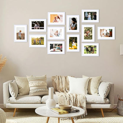 JCJMY 12 Packs 5x7 Picture Frames Bulk, Display 4x6 with Mat or 5x7 Without Mat, White Gallery Frame Set, 5 by 7 Frames Bulk Set of 12, Collage Wall Decor Photo Frame Set for Wall and Tabletop, White