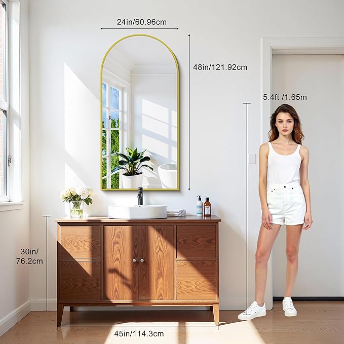 CIRCUMI Arched Wall Mirror, 24"x48" Gold Arched Mirror with Tempered Glass, Metal Frame, Large Size for Bathroom, Living Room,Entryway,Over Sink, Arch Mirror for Decor,Shatterproof&Crystal-Clear