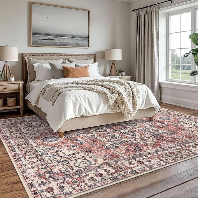 KOZYFLY Area Rug 8x10 Ft Thin Rugs for Living Room Washable Bedroom Rug Non Slip Rugs for Living Room Printed Faux Wool Vintage Bedroom Rug Floor Carpet for Dining Room, Red Salmon/Pink/Navy