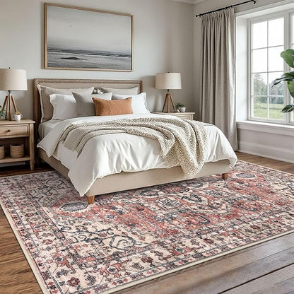 KOZYFLY Area Rug 8x10 Ft Thin Rugs for Living Room Washable Bedroom Rug Non Slip Rugs for Living Room Printed Faux Wool Vintage Bedroom Rug Floor Carpet for Dining Room, Red Salmon/Pink/Navy