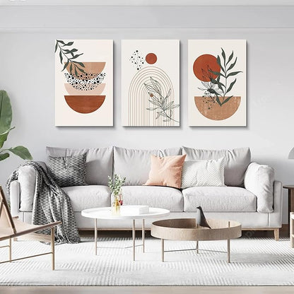 Boho Wall Art - Mid Century Modern Set of 3 Abstract Geometric Prints, Black Beige Terracotta, Framed Canvas Artwork for Living Room, Bathroom, Bedroom Decor